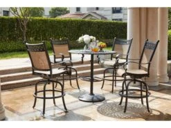 Darlee Outdoor Living Mountain View Cast Aluminum 5-Piece Pedestal Bar Set With 42 Inch Round Pedestal Bar Table In Antique Bronze