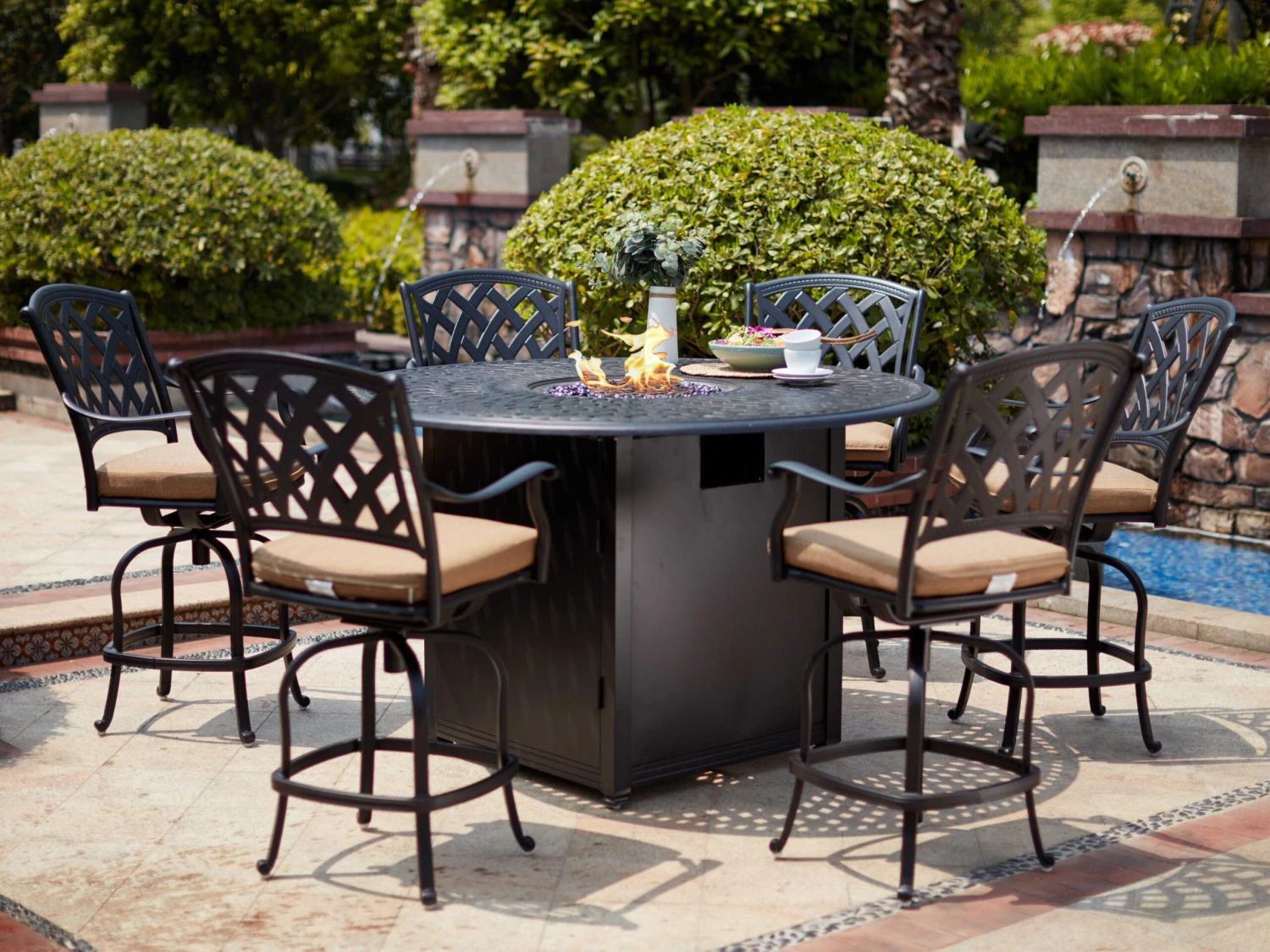 Darlee Ocean View Cast Aluminum Antique Bronze 7 Piece Fire Pit Counter Set