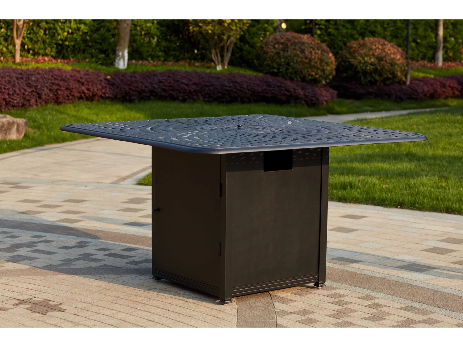 Darlee Outdoor Living Monterey Sling Cast Aluminum Antique Bronze 9 Piece Fire Pit Counter Set - Image 4