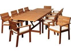 International Home Miami Amazonia Eucalyptus Rectangular 11 Piece Extendable Gerald Dining Set With Off-White & Beige Striped Cushions