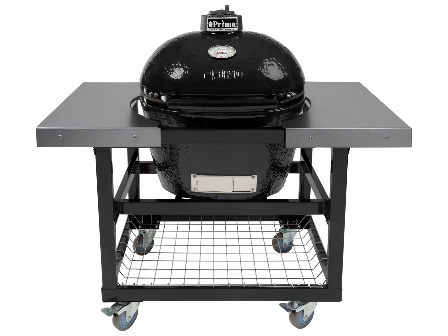 Primo Oval XL Jack Daniels Edition Charcoal Grill With Stainless Steel Cart And Side Shelves
