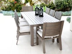 Sunset West Laguna Aluminum Driftwood Dining Set In Canvas Flax With Self Welt
